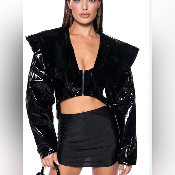 AKIRA Jackets & Blazers - AKIRA Black Patent Cropped Blazer with Oversized Collar